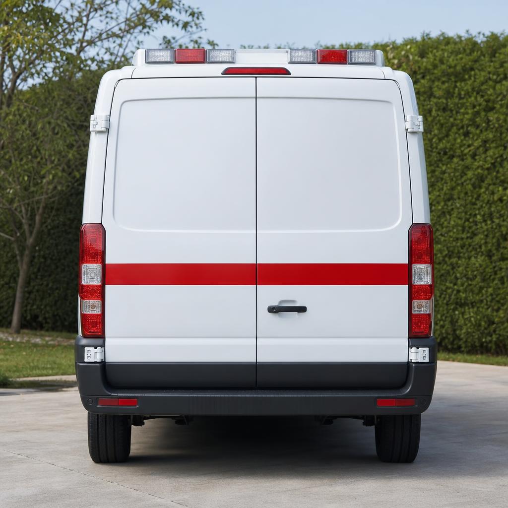 Rear exterior view of a Guardian Ambulance vehicle ready for transport