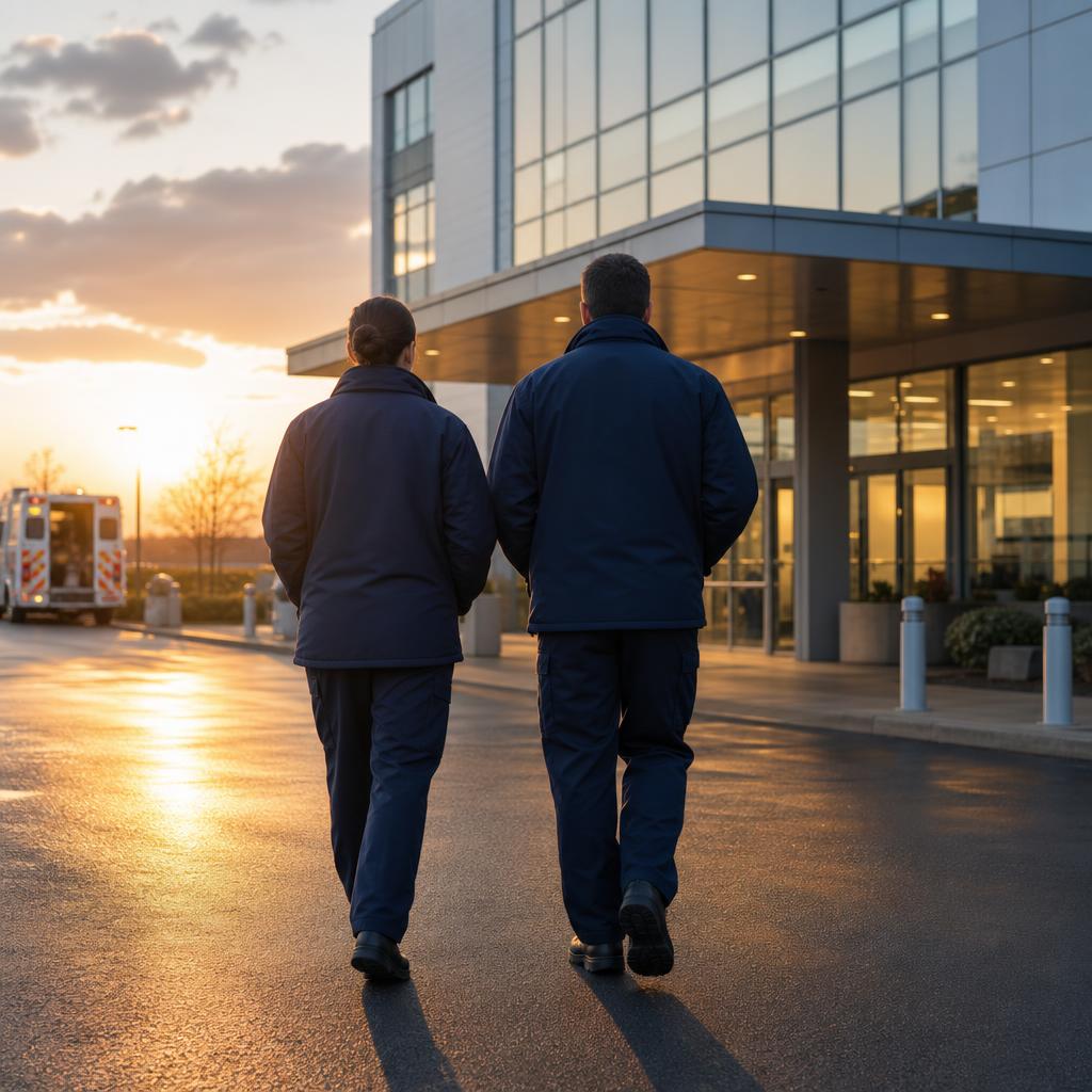 Guardian Ambulance crew members walking toward a hospital entrance