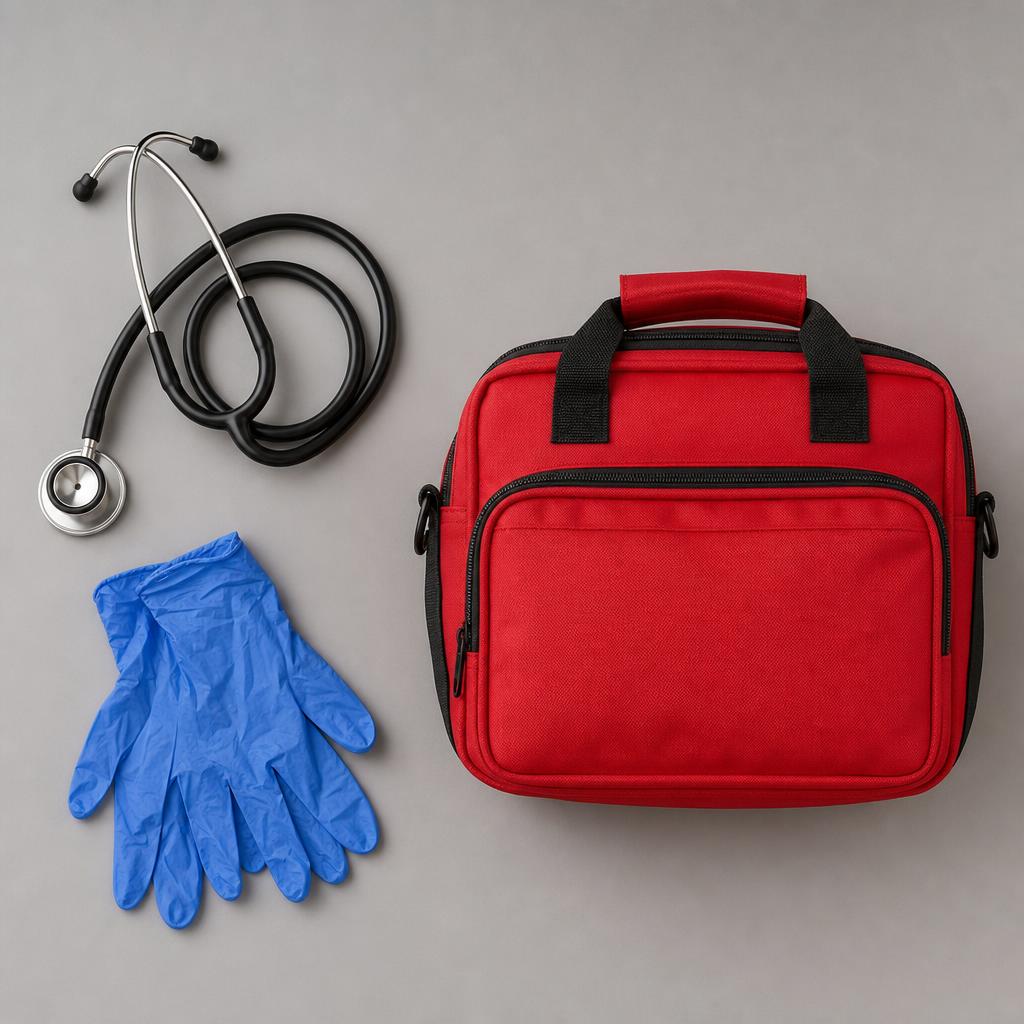 Stethoscope, nitrile gloves, and a medical response bag